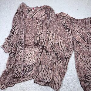 Josie Natori 3pc Sheer Pajama Set Womens L Pink Brown Animal Print Robe Pants